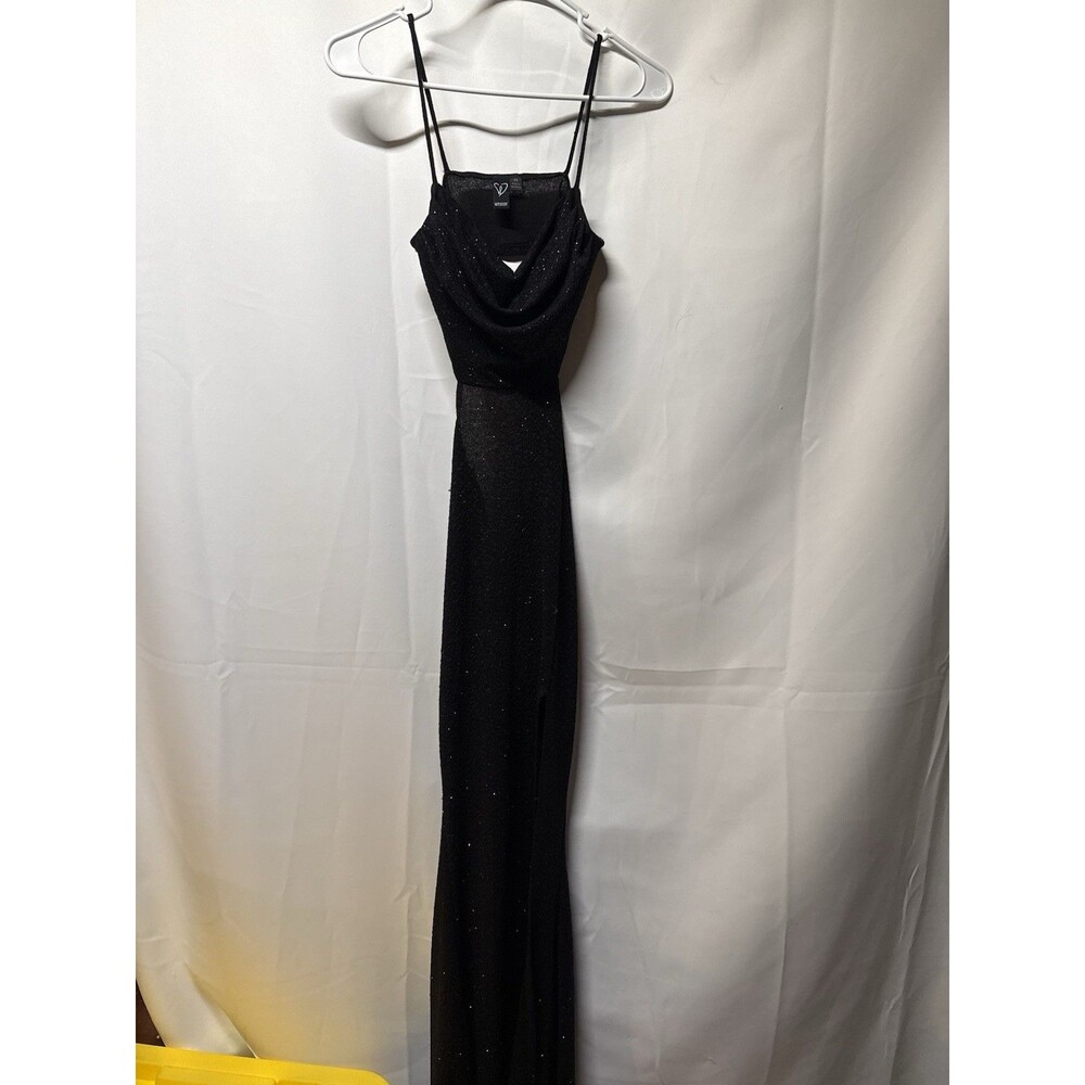 Windsor XS Black Glitter Cowl Neck Open Back Maxi Dress High Slit Ruched Formal